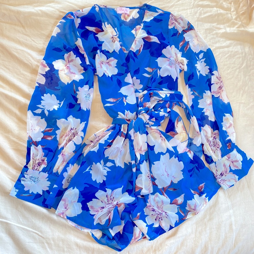 Pink Lily Sunset Darling Blue Floral Romper